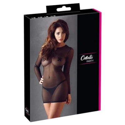 Afbeelding van Cottelli Collection Sexy Powernet Mini Jurk Doorschijnend met Lange Mouwen Uitzonderlijke Verleiding Maat L Zwart