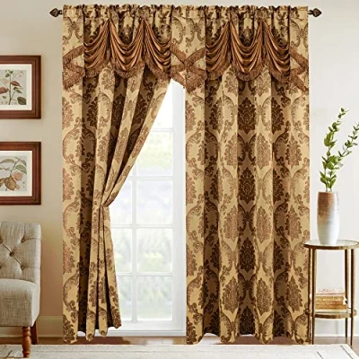 Afbeelding van Elegant Comfort Jacquard look gordijnpaneelset met bijgevoegde watervalvolant, (set van 2), 137 x 213 cm, goud/taupe