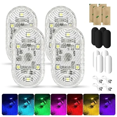 Afbeelding van 4 x led touch verlichting voor de auto, binnenverlichting van USB, mobiel, oplaadbaar, RGB, verstelbaar, 7 kleuren, draadloos, autoverlichting, multifunctioneel