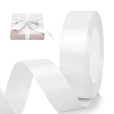 Afbeelding van AiQInu Satijnen wit lint, 25 mm x 22 m, voor geschenkverpakkingen, knutselen, boeketten, cadeaulinten bruiloften, naaiprojecten, strikken, decoratie