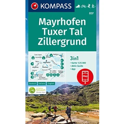Afbeelding van 037 mayrhofen tuxer tal zillergrun: 3in1 Wanderkarte mit Aktiv Guide inklusive Karte zur offline Verwendung in der KOMPASS App. Fahrradfahren. Skitouren. Langlaufen.