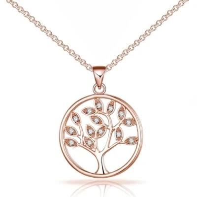 Afbeelding van Philip Jones Rosé vergulde levensboom ketting gemaakt met Zirkondia® kristallen, Kristal, Kristal