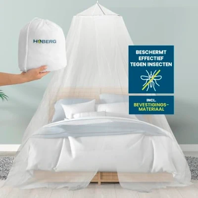 Afbeelding van Hoberg klamboe voor bed groot insectennet een &amp; tweepersoonsbedden ideaal op reis luifel incl. pluggen, zelfklevende haken tas fijnmazig vliegennet binnen buiten [Wit]