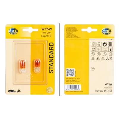 Afbeelding van HELLA 8GP 003 594 543 Halogeen Gloeilamp Wy5W Standard 12V 5W Sokkeluitvoering gloeilamp: W2.1x9.5 Blister Aantal: 2