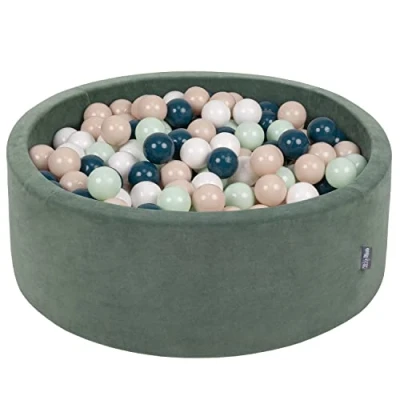 Afbeelding van KiddyMoon rond ballenbad fluwelen 90x30cm/300 ballen ∅ 7cm ballenkuilen voor baby&#039;s speelbad peuters, made in the eu, forest green: dark turquoise/pastel beige/white/mint