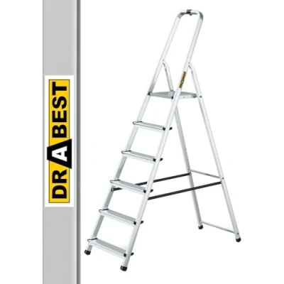 Afbeelding van Drabest Aluminium Huishoudladder met 6 Treden, Capaciteit 125kg Trapladder Veiligheidsrail en Werkladderplatform Ladders Multifunctioneel Trapladders Treden 48 x 191 12cm