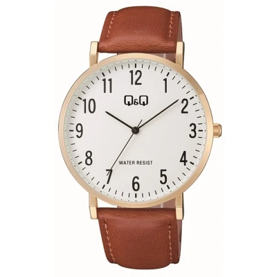 Afbeelding van Q&amp;Q C43A 003PY Horloge Heren Goudkleurig Duidelijke wijzerplaat Bruin lederen band