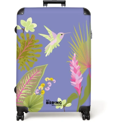 Afbeelding van NoBoringSuitcases.com® Koffer groot Reiskoffer lichtgewicht Paars met tropische print Rolkoffer 4 wielen Grote trolley XL 98 liter bagage