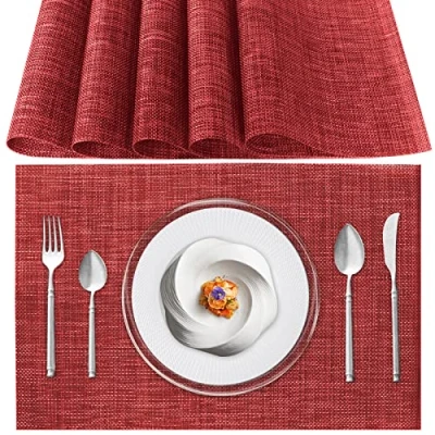 Afbeelding van Poligono Wasbare Placemats, set van 6 PVC Ontbijt antislip, Hittebestendig, Voor de Keukentafel, Rood