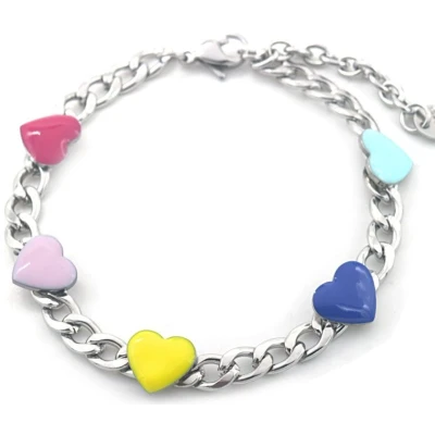 Afbeelding van Armband Dames Gekleurde Hartjes RVS Lengte 17 21 cm Zilverkleurig
