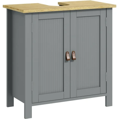 Afbeelding van kleankin Wastafelonderkast, badkamermeubel, 2 deuren, verstelbaar rek, etages binnen, PU handgrepen, 60 x 30 cm, grijs