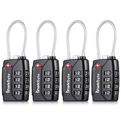 Afbeelding van SharkByte TSA Goedgekeurde koffersloten 4 Dial Security Travel Combinatie Hangslot, Flexibel Kabeldraad Reisslot voor Koffers, Bagagesloten, Case Reistas Gym Locker Code Klein Hangslot (Pack 4)