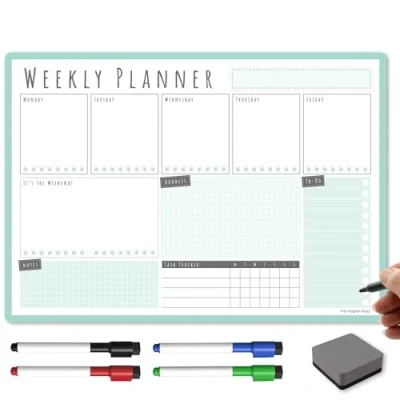 Afbeelding van TMS A3 Weekplanner, whiteboard, magnetische kalender voor koelkast en droogwispennen, maaltijd of gezinsplanner keuken (mint, weekly)