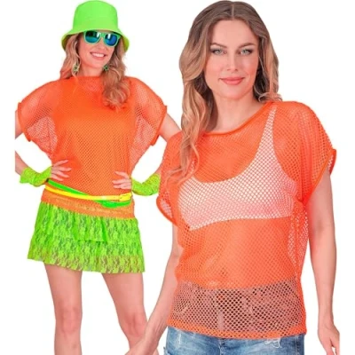 Afbeelding van Widmann Jaren 80 &amp; 90 Kostuum Visnet T Shirt Neon Oranje Vrouw XXL Carnavalskleding Verkleedkleding