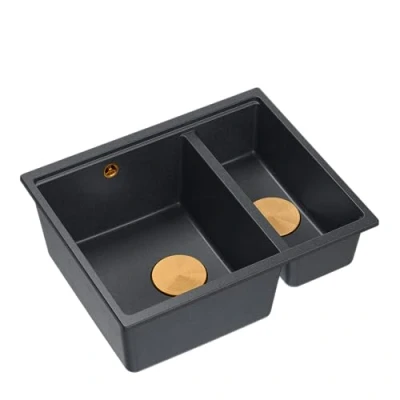 Afbeelding van Quadron Logan 150 granieten spoelbak, keukenspoelbak, afmetingen 55,5 x 46 22 cm, zwart en koper, dubbele wastafel, kastbouw vanaf 60 onderbouwbak