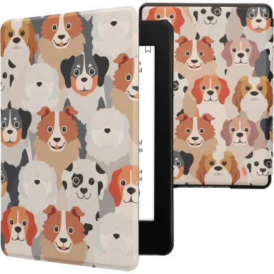 Afbeelding van kwmobile E reader hoesje geschikt voor Amazon Kindle Paperwhite 11. Generation 2021 hoes flip case met magnetische sluiting Ereader cover Honden Ontwerp design in wit / lichtbruin grijs