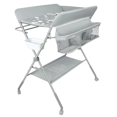 Afbeelding van Baby luiertafel, mobiele commode, verstelbare hoogte draagbare pasgeboren verschoontafel met wielen, opvouwbare luier verzorgingstafel veiligheidsgordel 80 * 58 90cm lichtgrijs