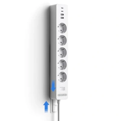 Afbeelding van Stekkerdoos, overspanningsbeveiliging, opschroefbaar, 5 voudig met NTONPOWER paster, meervoudige contactdoos USB en schakelaar, verlengkabel, 1,5 m PC contactdoos, kinderbeveiliging, wit