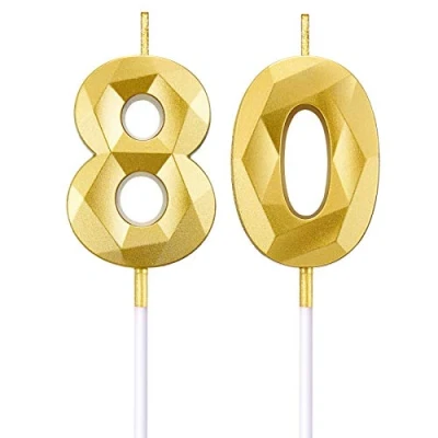 Afbeelding van BBTO 80e Verjaardag Nummer Kaarsen 3D Diamant Vorm Cake 80 Topper Decoratie voor Bruiloft Viering Benodigdheden, Goud
