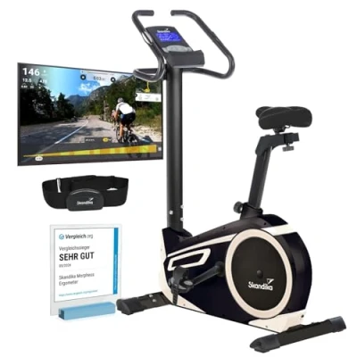 Afbeelding van Skandika Morpheus Ergometer Hometrainer Ergometer, 12 kg vliegwielsysteem, 32 niveaus, 24 programma&#039;s, app compatibel met Kinomap, hartslagband, tablethouder Indoorfiets tot max. Gebruikersgewicht 150 103x56x144cm (LxBxH) beige/zwart