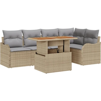 Afbeelding van vidaXL 6 delige Tuin Sofa Set met Kussens Beige Poly Rattan Acacia, 2 zits