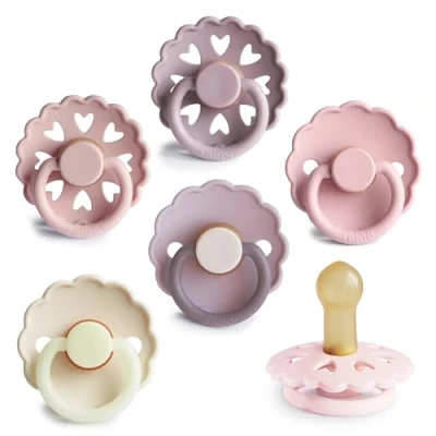 Afbeelding van FRIGG Multipack Latex fopspenen, verpakking met 6 natuurlijk rubber, gemaakt in Denemarken, symmetrische speen kersenvorm, (Blooming Love, maat 2, 18 maanden)