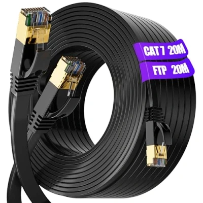 Afbeelding van Internet Kabel 20 meter zwart, Cat7 Platte Ethernet Gigabit Netwerkkabel 20m afgeschermd S/FTP, Hoge snelheid LAN 600MHz, RJ45 witte Patchkabel voor Router, Modem, PS5/4(20 Clips)