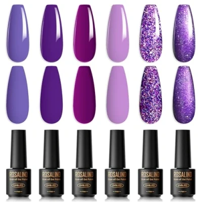 Afbeelding van ROSALIND UV Nagellak Paars, 6 Kleuren Mini Violet Lavendel Licht Wisteria Blossom Lila Glittery Druif Paars Lang Houdbare Lente Gel Nagels Schellak Soak Off LED Polish