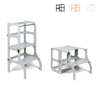 Afbeelding van Ette Tete Step &#039;n Sit Leertoren Grijs met gouden clips Inklapbaar tot tafel en stoel Learning Tower Montessori inspired Keukentrap Keukenhulp Leerstoel Veilig Duurzaam