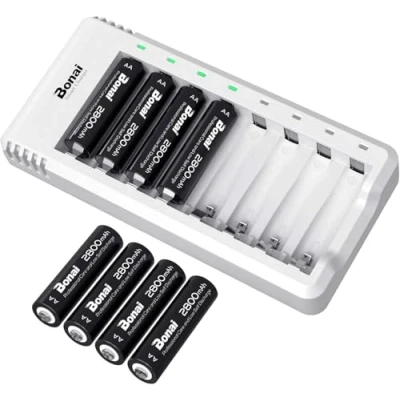 Afbeelding van BONAI Batterijlader met 8 sleuven voor AA AAA NI MH CD batterijen USB poort (met stuks 2800 mAh batterijen)