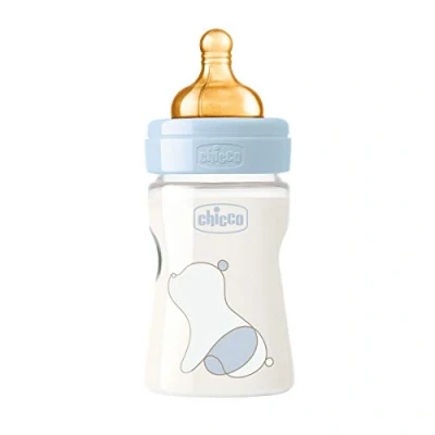 Afbeelding van Chicco Originele Touch anti koliekfles met zuignap van 100% natuurlijk latex, fles langzame doorstroming, 0+ maanden, kunststof 150 ml, voor pasgeborenen, blauw