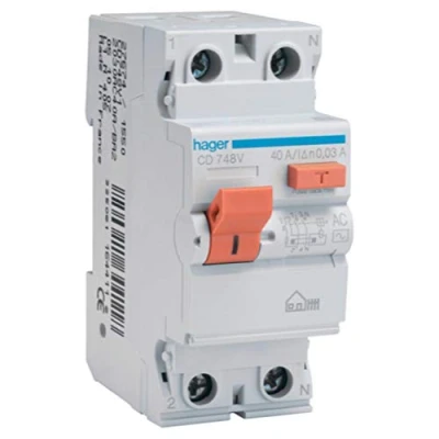 Afbeelding van Hager CD748V Aardlekschakelaar, type AC, 2P, 40A, 30mA, wit