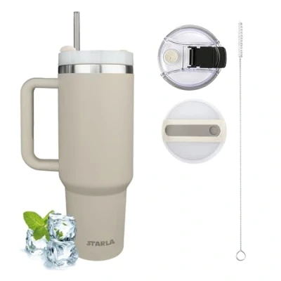 Afbeelding van STARLA Thermobeker met rietje en handvat, 1,2 l, groot, 2 deksels, lekvrij, roestvrijstalen isolatiebeker, koffiebeker, to go, waterbeker, drankbeker, reisbeker, drinkbeker handvat (Dune)