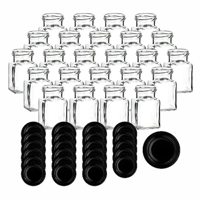 Afbeelding van gouveo Set van 24 inmaakpotten, 150 ml, vierkant, met schroefdeksel, zwart, kleine voorraadpotten draaisluiting, lege jampotten, bewaarpotten