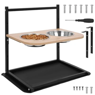 Afbeelding van Belle Vous Raised Dog Bowls with Spillproof Mat Stainless Steel Food and Water Adjustable Height Stand &amp; Non Slip Elevated Pet Feeder for Small, Medium Large Dogs/Cats