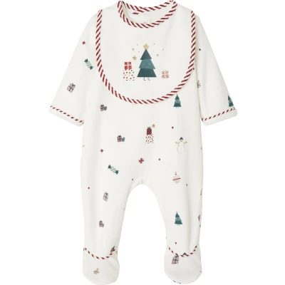 Afbeelding van Vertbaudet Kerstcadeauset voor baby fluwelen pyjamapakje + slabbetje