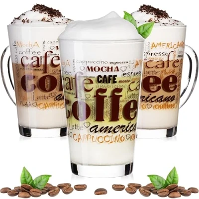 Afbeelding van PLATINUX Koffieglazen met motief max. 350 ml set 3 delig van glas latte macchiato glazen handvat cappuccino