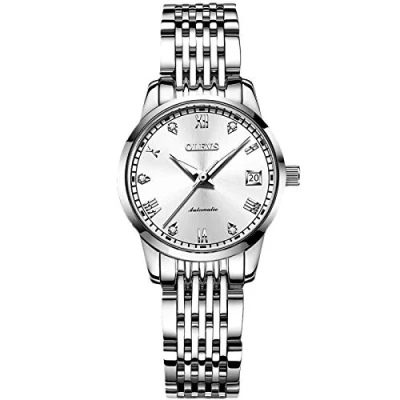 Afbeelding van RORIOS Automatisch horloge voor dames, modieus, oplichtend polshorloge met roestvrijstalen armband, waterdicht diamanthorloge, mechanische dameshorloges, zilver B