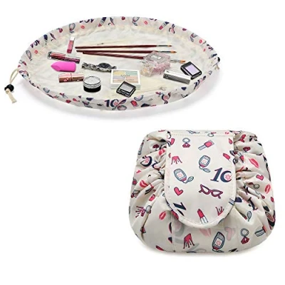 Afbeelding van URAQT make uptas met trekkoord, draagbare multifunctionele reistas, uptas, beige lippenstiftpatroon