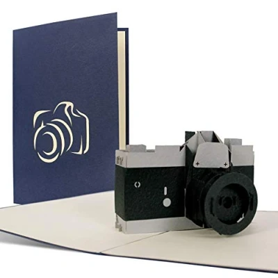 Afbeelding van Verjaardagskaart met camera, ideaal als uitnodiging of wenskaart, Felicitatiekaart voor fotograaf, 3D pop up kaart, T14, Blauw