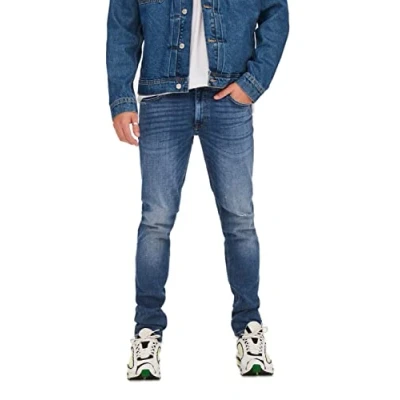 Afbeelding van Heren O&amp;S Slim Fit Jeans Vernietigd Denim Broek ONSLOOM Gebruikte Versmalt Stretch Pantalon, Colour:Blue 2, Size:29W / 30L