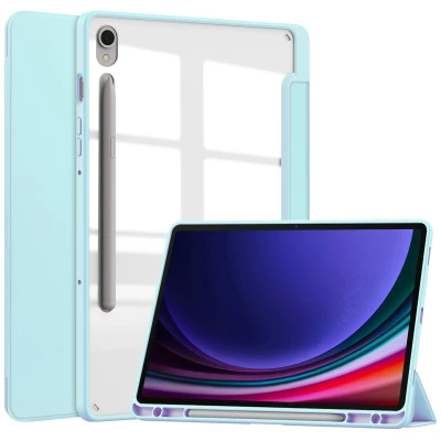 Afbeelding van Samsung Galaxy Tab S9 Hoes: iMoshion Trifold Hardcase Bookcase Shockproof/Valbescherming Hardcase,Bookcase Lichtblauw Kunststof Tablet