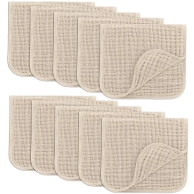 Afbeelding van Comfy Cubs Mousselinedoeken voor baby, babybenodigdheden, spuugdoeken, vierkante mousselinedoeken, 100% katoen, 6 lagen, extra absorberend en zacht (zandkleurig, 10 stuks, 50 x 25 cm)