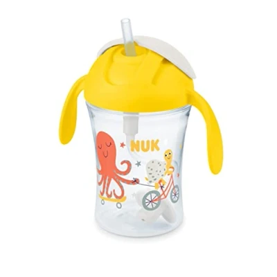 Afbeelding van NUK Polypropyleen (PP) Motion Cup oefenbeker, 230 ml, lekvrij, zacht rietje, ergonomisch gevormde handgrepen, 8 maanden en BPA vrij, geel