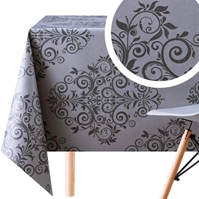 Afbeelding van Wasdoek tafelkleed, barokstijl, damast, donker grafiet en grijs, rechthoekig met reliëf, 300 x 140 cm, afwasbaar pvc waterafstotend, elegant, oosters vinyl, tafelzeil,