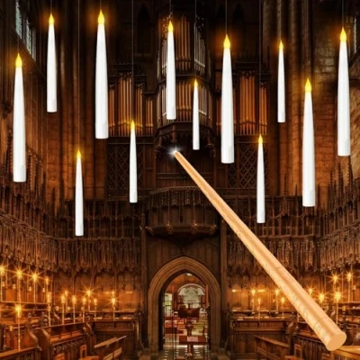 Afbeelding van Tyreses 12 stuks zwevende kaarsen met toverstaf afstandsbediening, vliegende drijvende led kaarsen, flikkerende vlamloze op batterijen, hangende kegelkaarsen voor Kerstmis, Halloween decoratie
