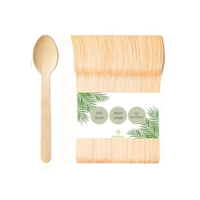 Afbeelding van DeinPack 100 houten lepels berkenhout, 16 cm, biologisch afbreekbaar, duurzaam bestek, wegwerpbestek, bestek