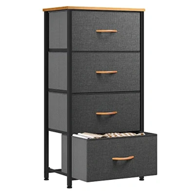 Afbeelding van YITAHOME Ladekast met 4 laden, slaapkamerladen, stoffen dressoir houten bovenblad, lade opbergunit voor slaapkamer, woonkamer, kinderkamer, donkergrijs
