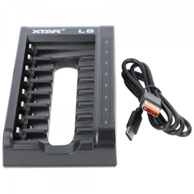 Afbeelding van L8 snellader voor 1,5V Li ion en 1,2V NiMH AA, AAA batterijen, met 8 oplaadplaatsen, incl. 8x AA voeding