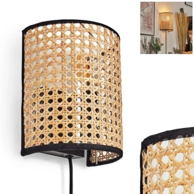 Afbeelding van wandlamp Abedim, van metaal/Weense gevlochten/rotan in zwart/natuur, boho design met stekker en schakelaar, afneembare kabel, UP&amp;Down lichteffect, 1x E27, zonder lamp